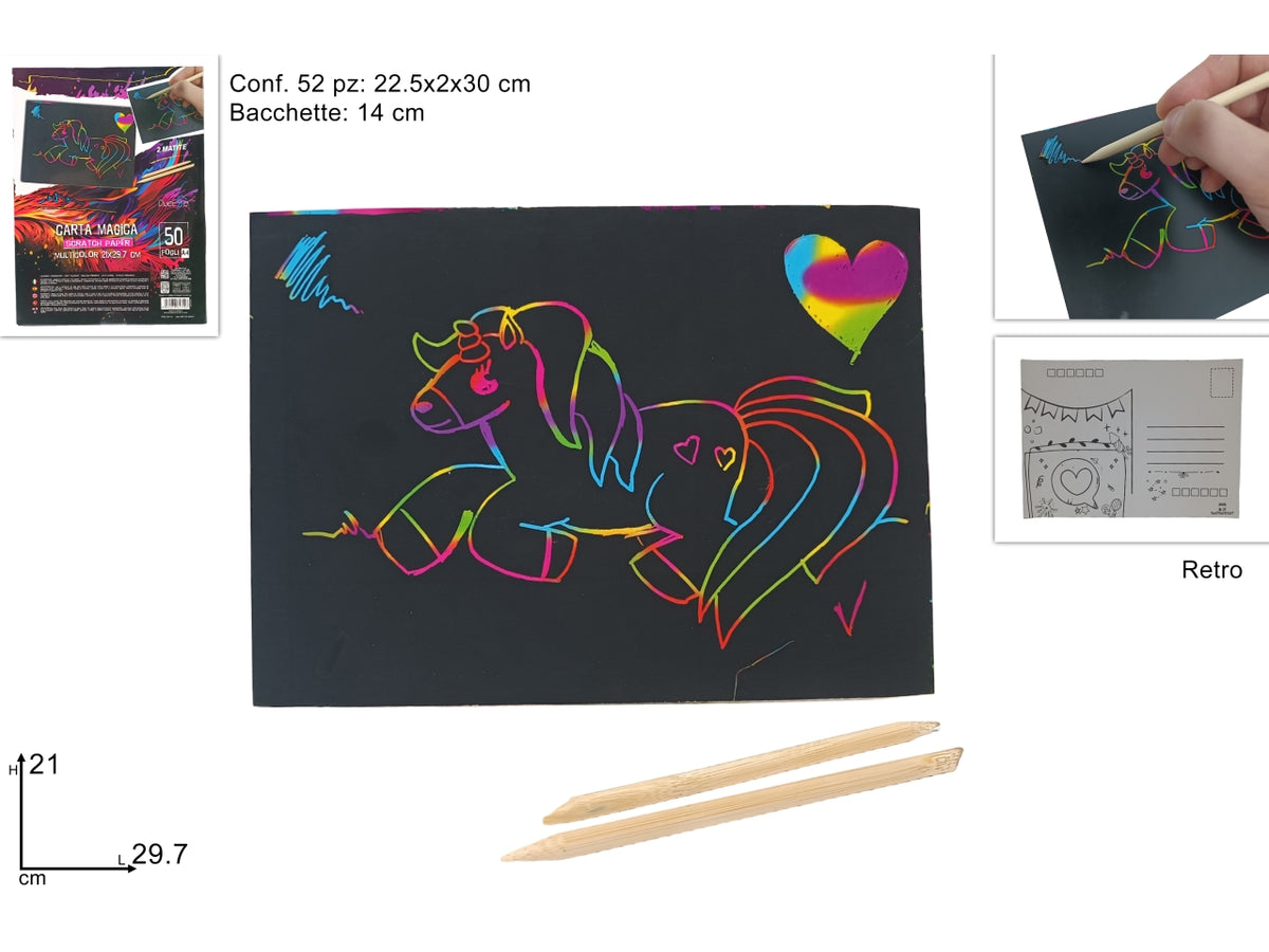 Scratch paper arcobaleno 21x29,7cm, confezione da 50 fogli con matite in legno - Due Esse
