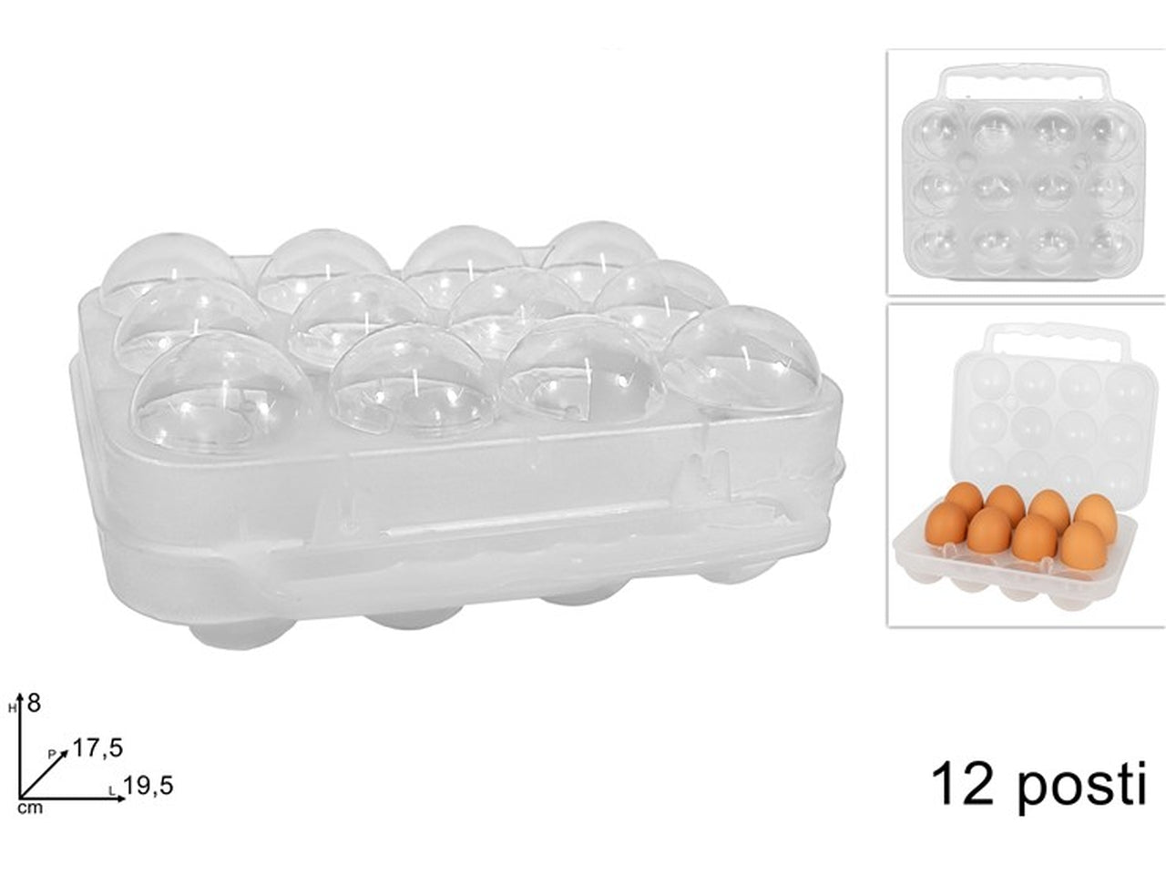 Porta uova trasparente 12 posti in plastica con chiusura a clip 19,5x17,5x8 cm - Due Esse