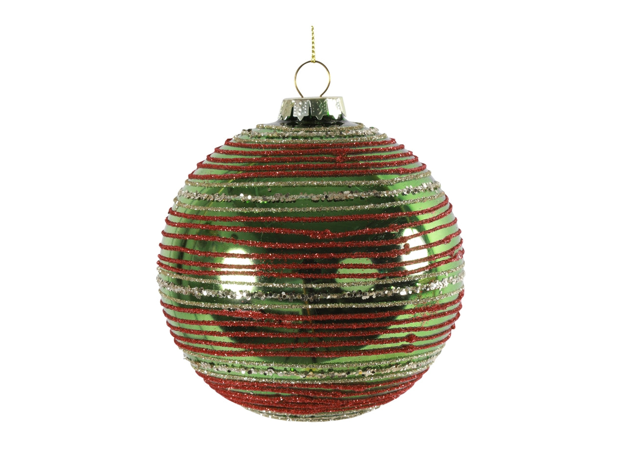 Palla di natale in vetro lucida verde e rossa con striature orizzontali glitter Ã10 cm - Countryfield