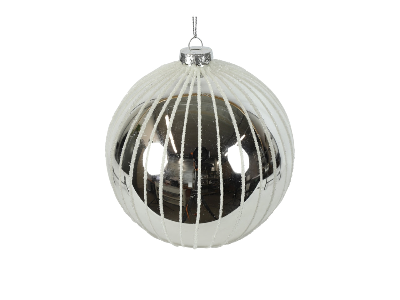 Palla di natale in vetro lucida argentata con striature verticali glitter Ã12 cm - Countryfield