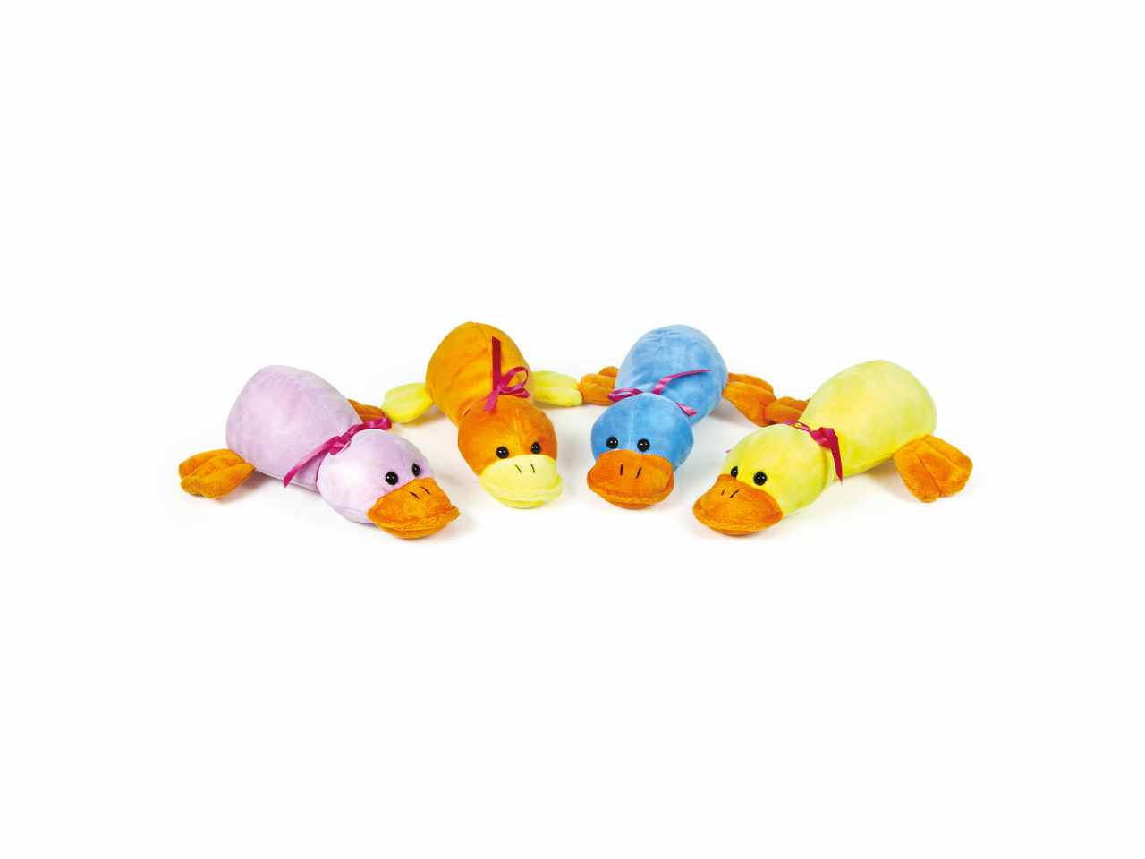 Peluche papero steso con fiocco l.25cm 4 colori assortiti