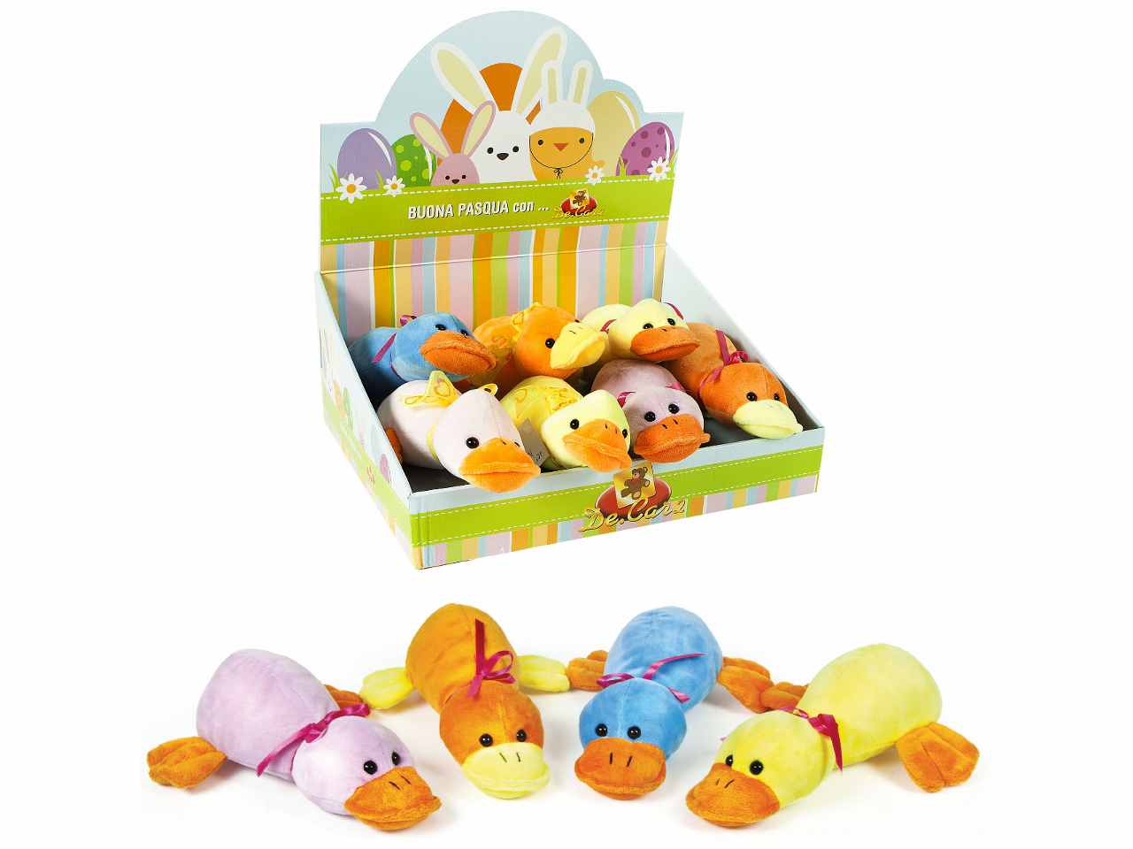 Peluche papero steso con fiocco l.25cm 4 colori assortiti