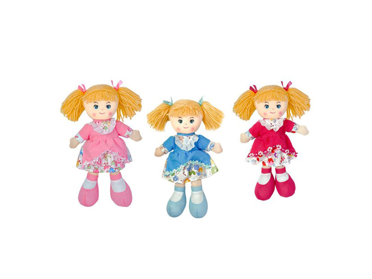 Bambola in pezza vestito fiori e grembiulino 30cm in 3 colori