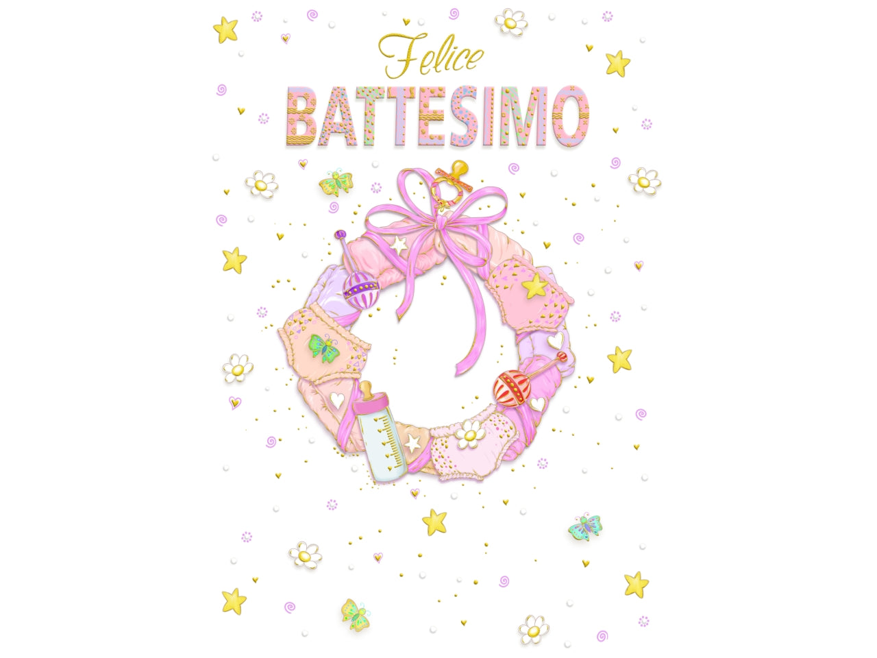 Biglietto mini felice battesimo fiocco rosa la confezione comprende 6 biglietti