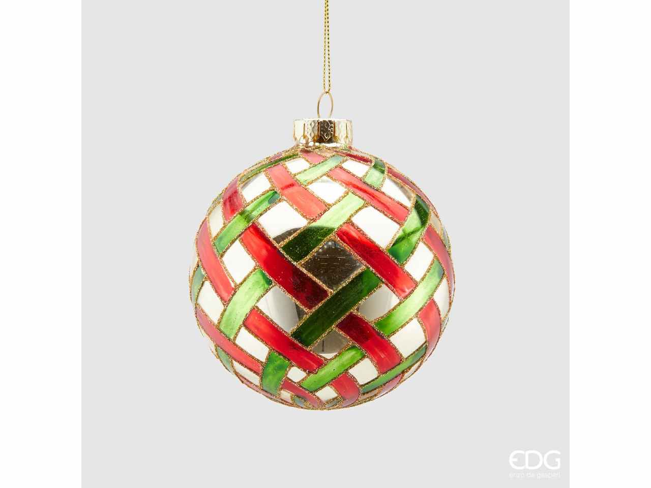 Palla in vetro d.10cm con intrecci oro /rosso e verde