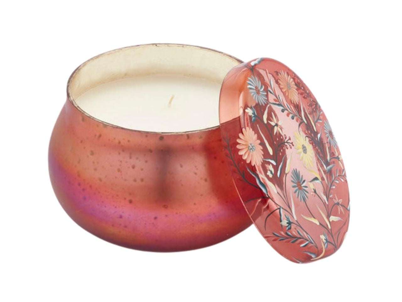 Candela in barattolo profumazione oud, rossa con coperchio in vetro con fiori dipinti a mano, stile art déco, 80 ore - 15x10 cm - Enzo De Gasperi