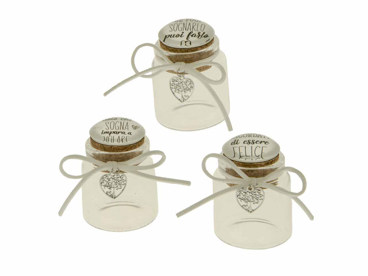 BARATTOLO DECORATIVO VIDRIO CON SCRITTA 3 ASSORTIMENTI H6CM