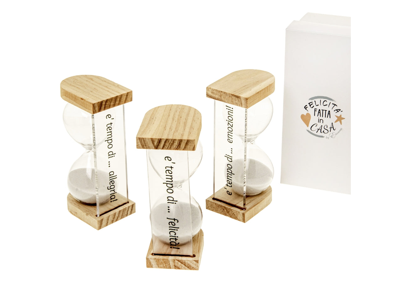 Clessidra in vetro, legno e plastica misura h11,5cm con scritta in 3 assortimenti