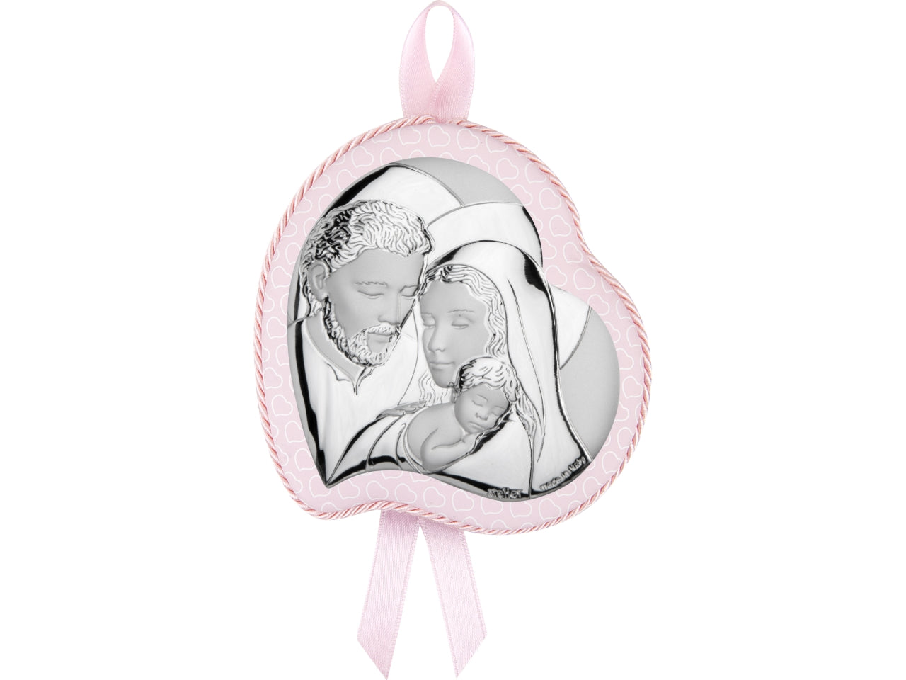 Capoculla a forma di cuore con sacra famiglia 10x12cm con carillon rosa