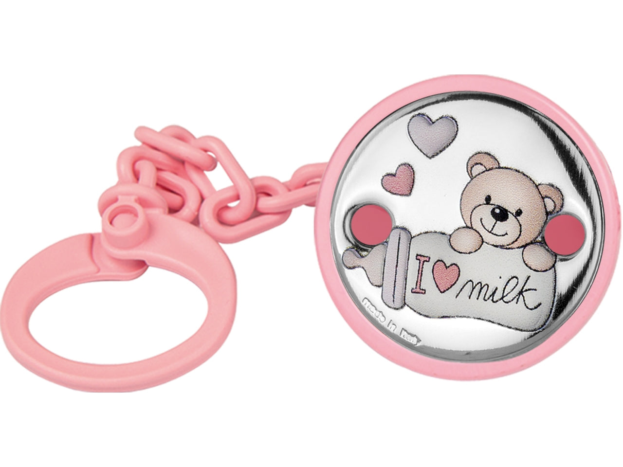 Catenella portaciuccio in argento, rosa bomboniera nascita femminuccia, con dettagli di orsetto, biberon e cuoricini - packaging in scatola regalo - 20x4cm - Atelier