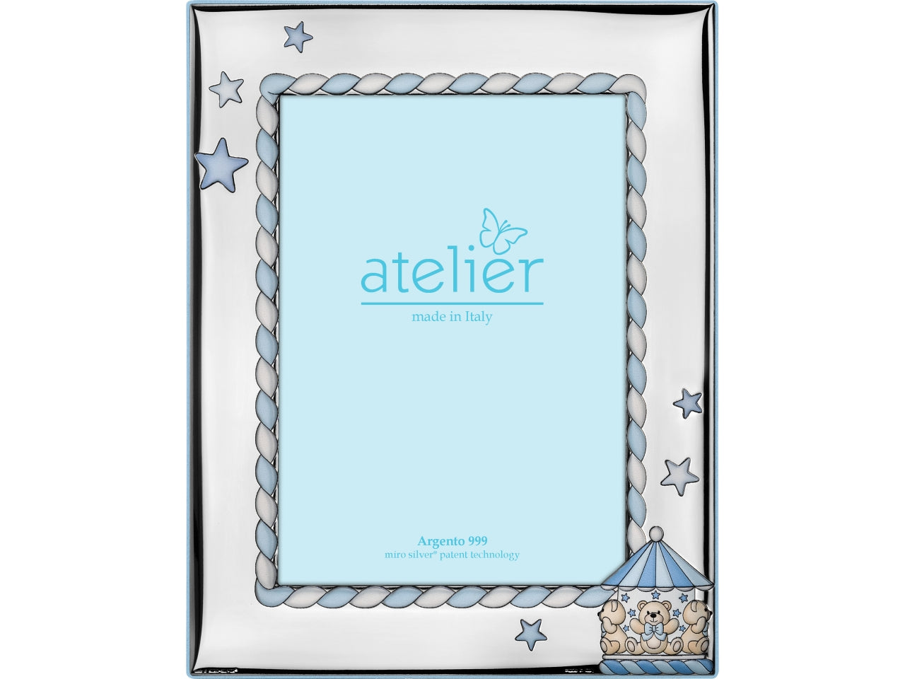 Cornice portafoto in argento bomboniera nascita maschietto celeste - argento 999 con dettagli stelline e giostrina, 13x18cm, per eventi nascita e battesimo, packaging in scatola regalo - Atelier