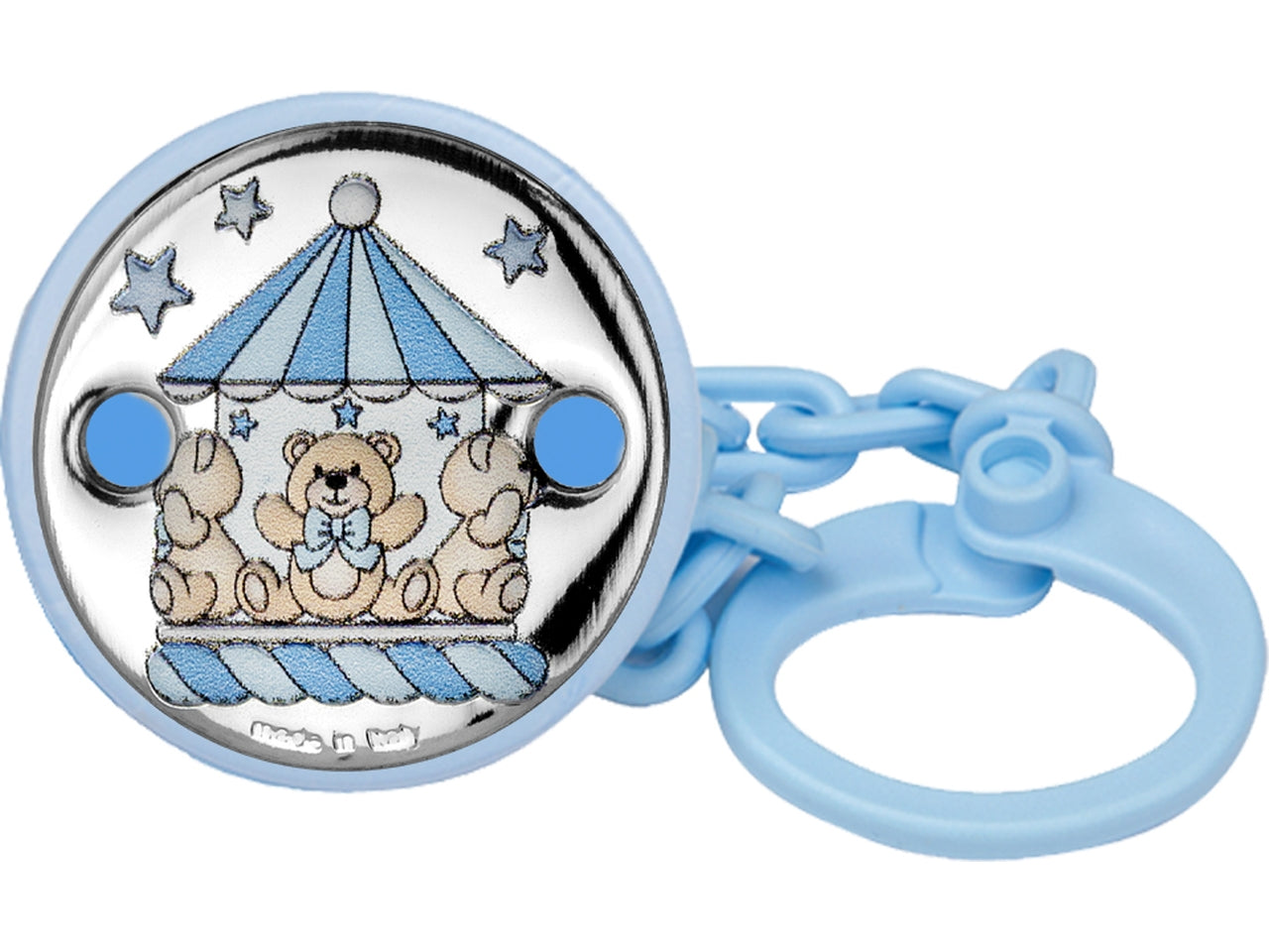 Catenella portaciuccio celeste bomboniera nascita bimbo, in plastica e argento con orsetto e giostrina, stile kids, per nascita e battesimo - 20x4 cm - Atelier