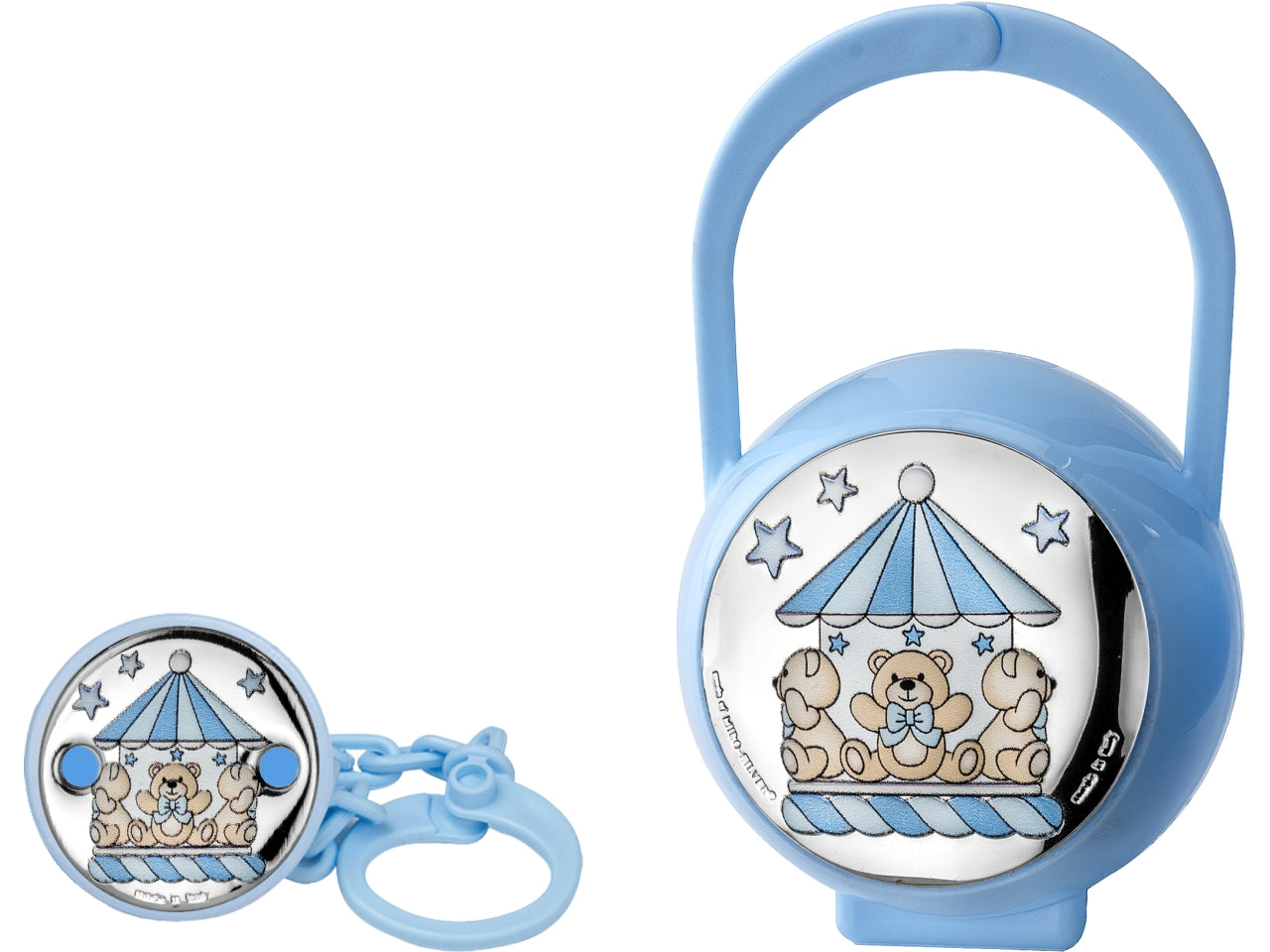 Portaciuccio celeste in argento, bomboniera nascita bimbo, con catenella e scatola regalo dettagli di orsetto e giostrina - contenitore 11x6,5x5,5 cm, pinza 20x4 cm - Atelier