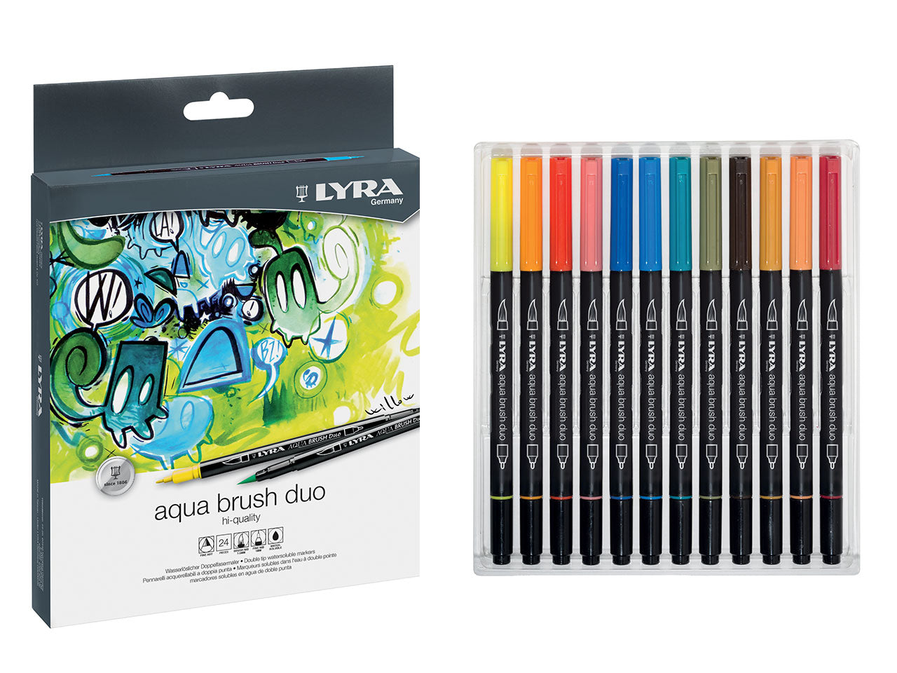 Pennarelli lyra aqua brush duo alta qualita' misura 1-5mm e 1mm - la confezione contiene 24 pennarelli
