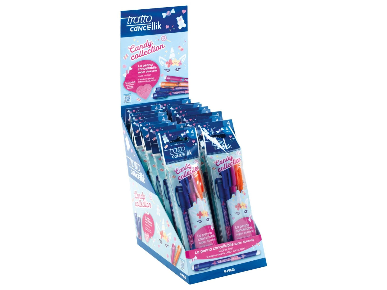 Penna cancellabile a sfera tratto cancellik candy collection, 4 penne assortite - made in Italy - Fila