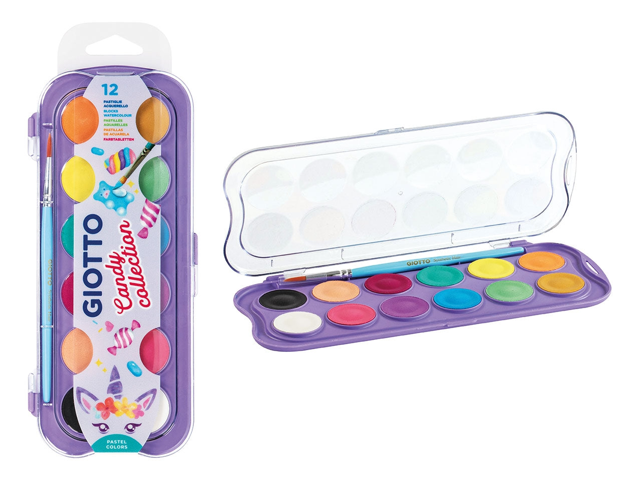 Giotto acquerello Candy Collection confezione da 12 pastiglie e 1 pennello
