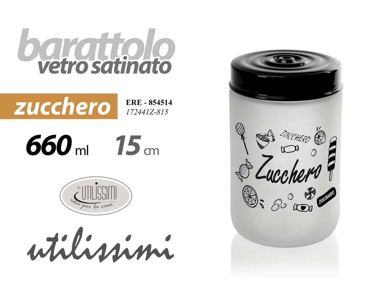 Barattolo in vetro satinato per zucchero 660ml 9x15cm