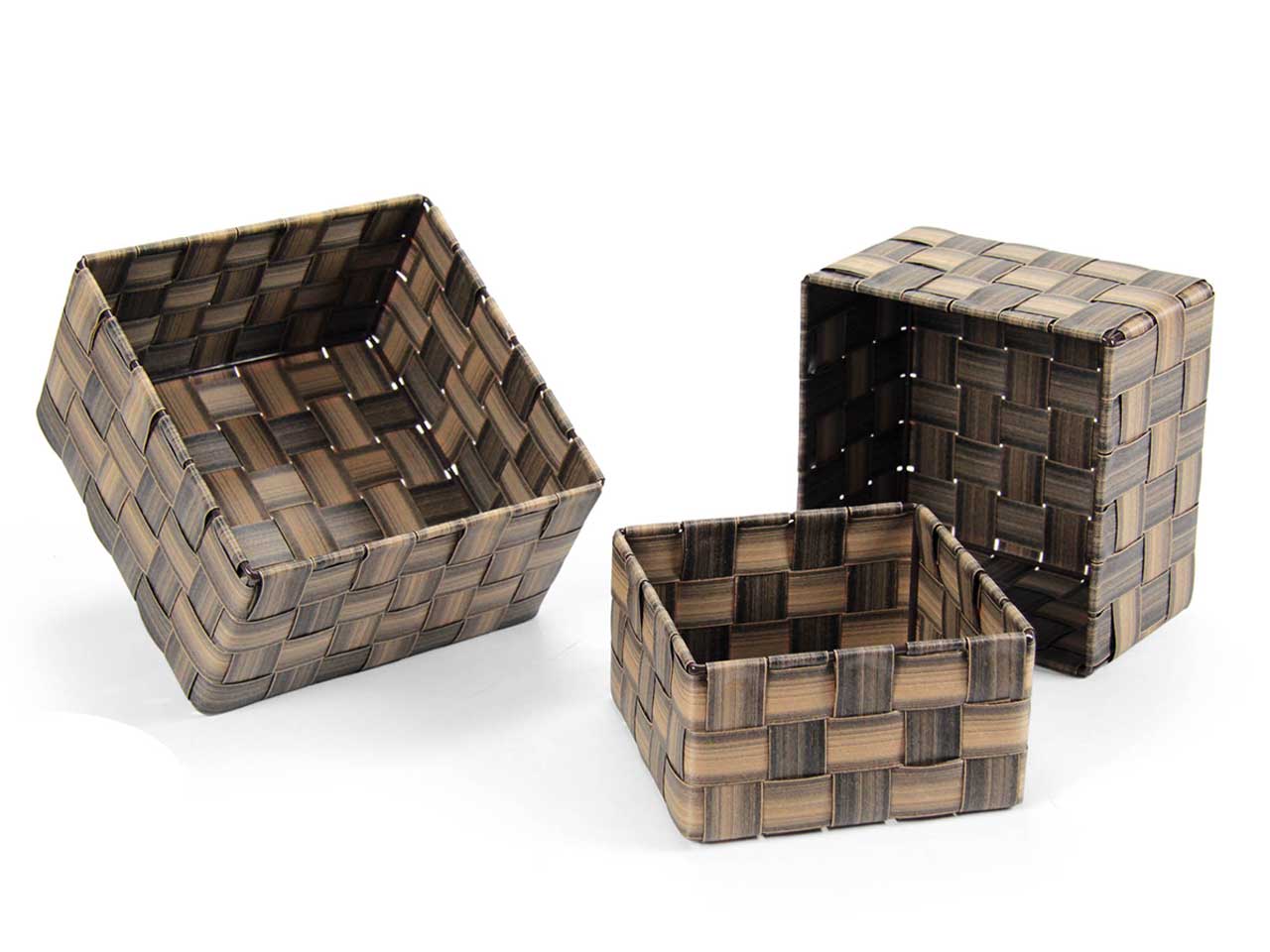Cesti in effetto rattan marrone, stile moderno, set da 3 pezzi - Gicos