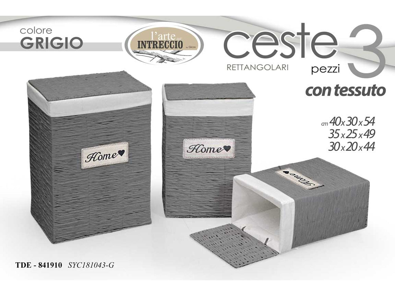 Set da 3 ceste porta biancheria in carta intrecciata shabby chic grigio, grande 40x30x54 cm, media 35x25x49 cm, piccola 30x20x44 cm - Gicos"