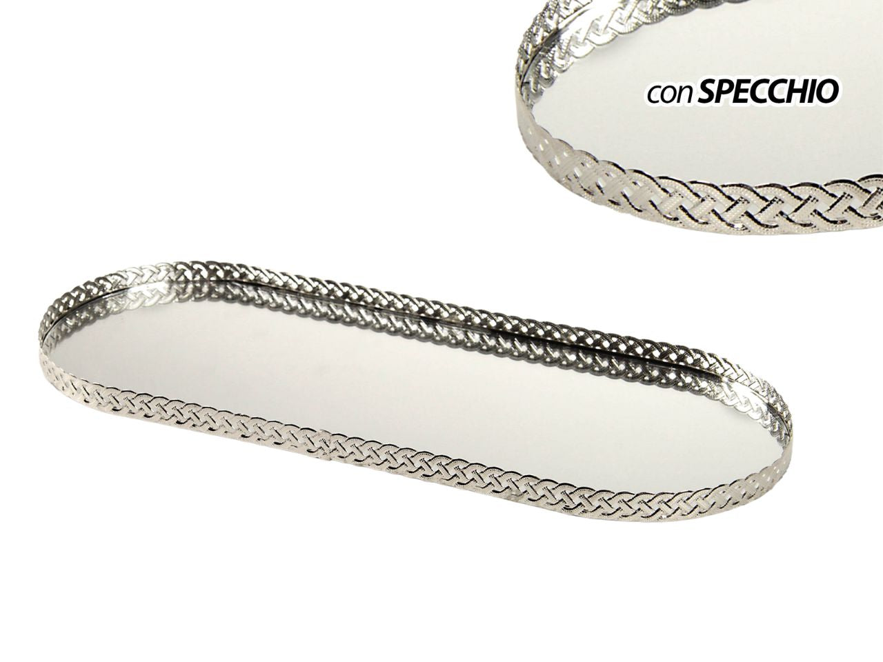 Vassoio con specchio ovale in metallo classico argentato 40x15x2 cm - Gicos