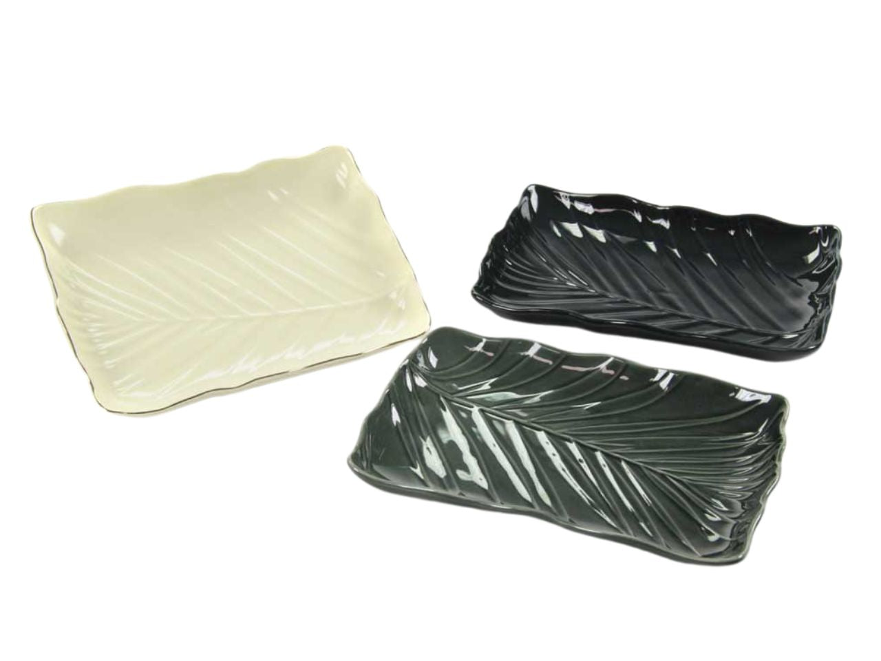 Vassoio rettangolare in ceramica stile jungle in 3 colori assortiti, strutturato a foglia, 13,5x20 cm - Passionecasa