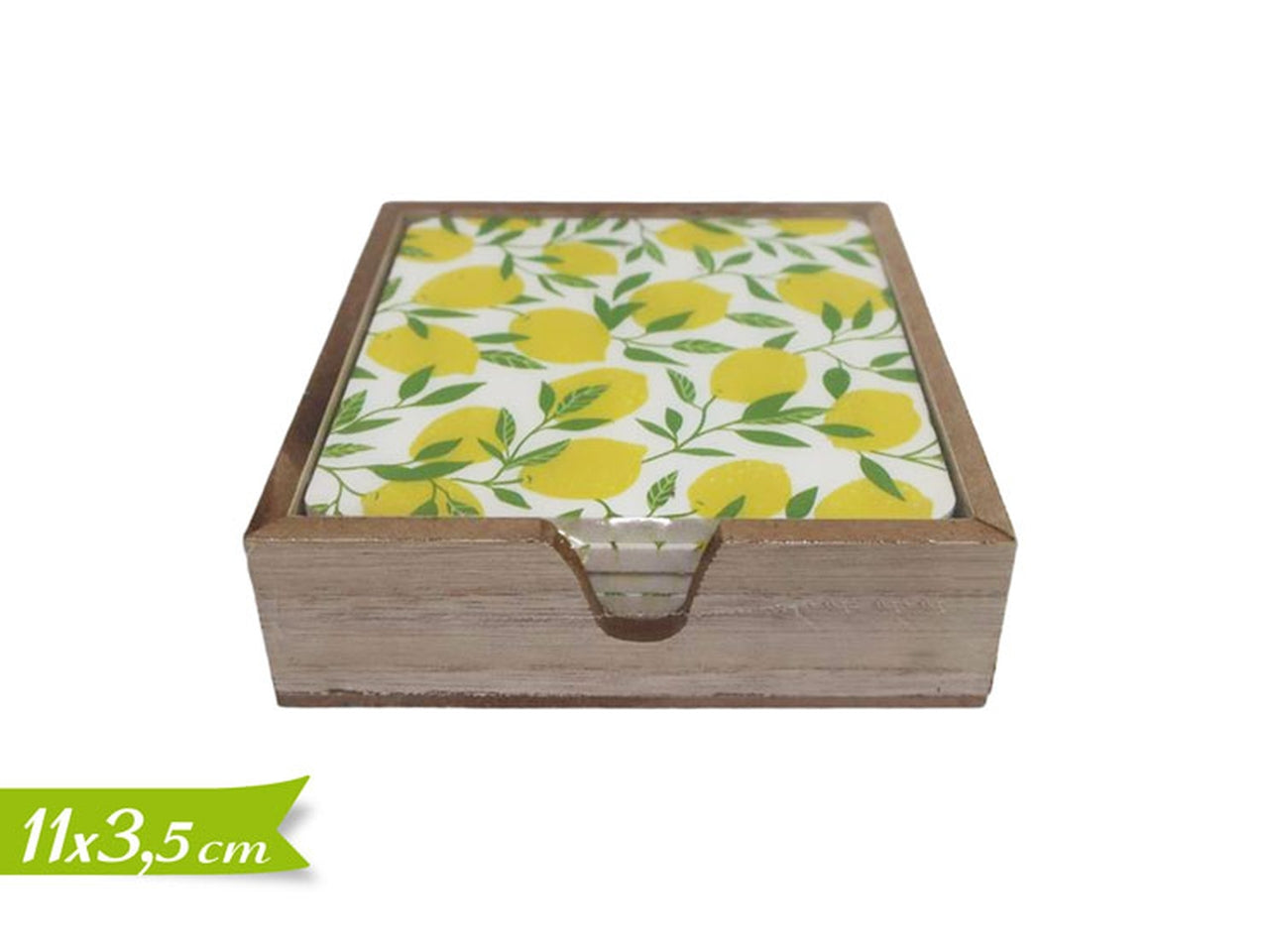 Set da 6 sottobicchieri in legno stile mediterraneo, fantasia limoni, 11x11x3,5 cm - Golden Hill