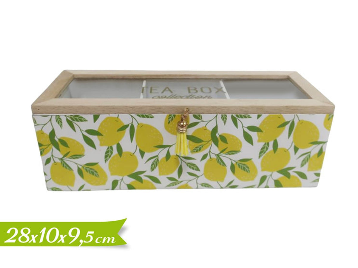 Scatola porta tisane in legno e vetro stile mediterraneo, fantasia limoni 10x28x9,5 cm - Golden Hill