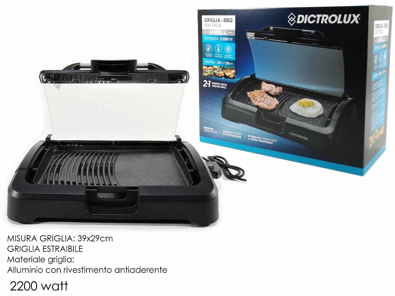 Barbecue elettrico con grill 2200w con coperchio in vetro