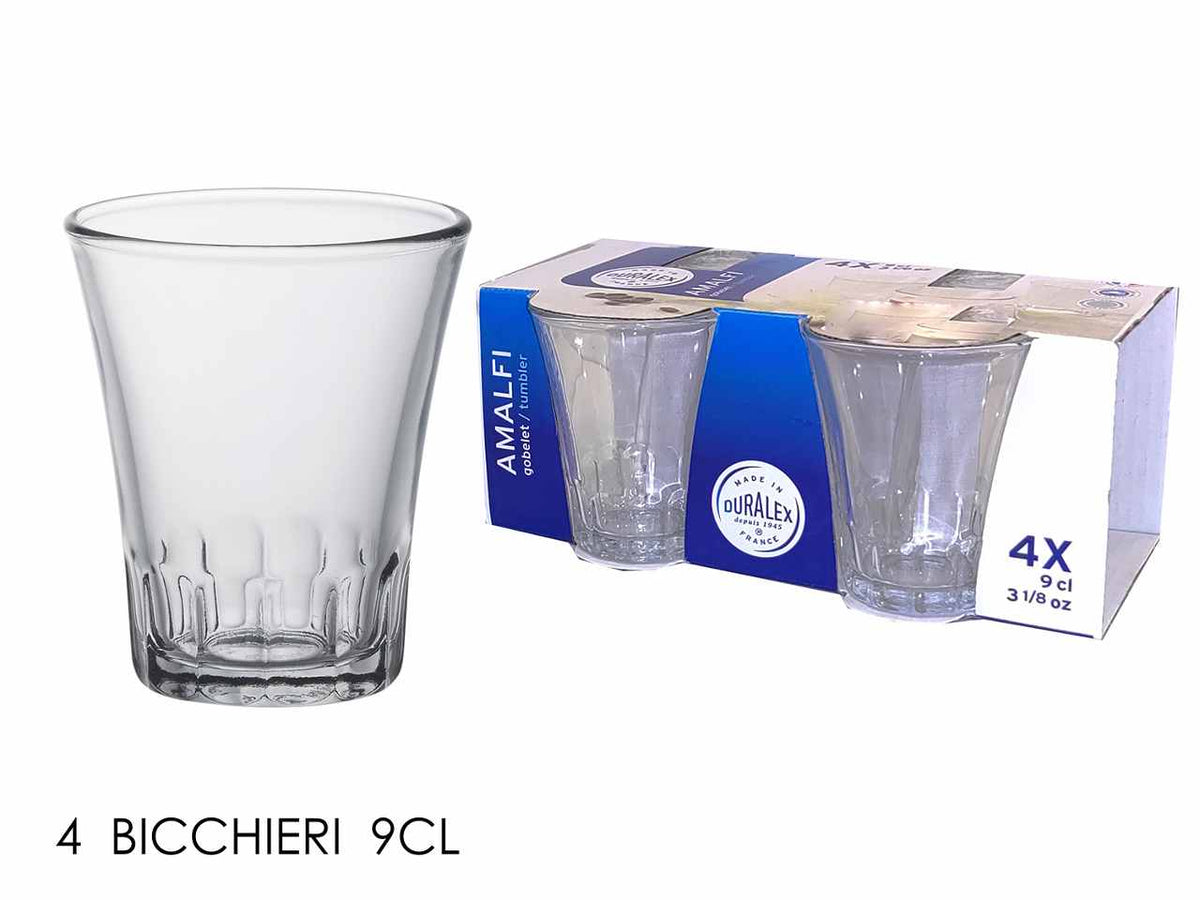 Bicchieri in vetro temperato trasparente linea amalfi 9cl 4 pezzi