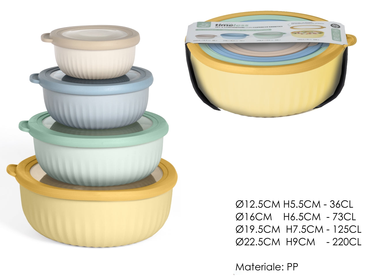 Set di 4 contenitori ermetici tondi di plastica - la confezione contiene 4 contenitori di diversi colori e 4 diverse misure