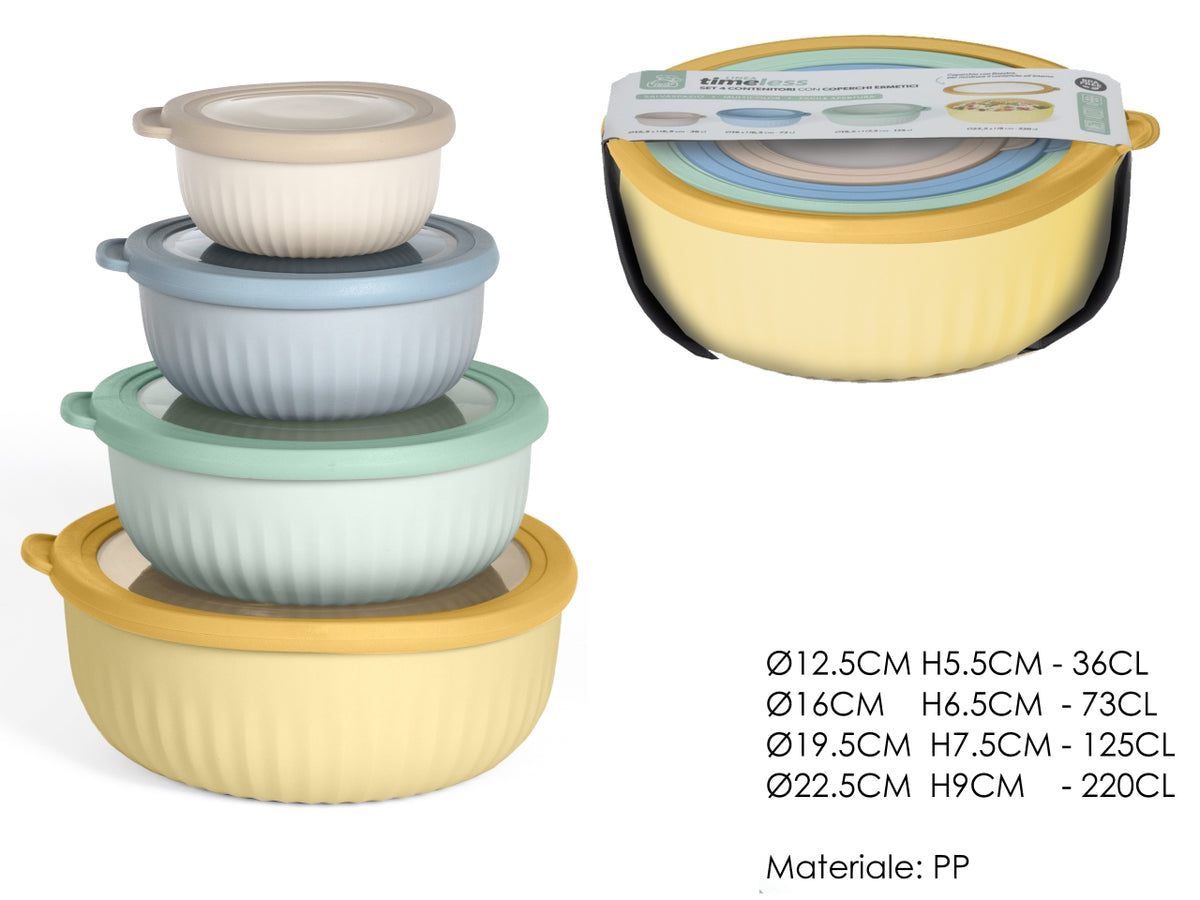 Set di 4 contenitori ermetici tondi di plastica - la confezione contiene 4 contenitori di diversi colori e 4 diverse misure