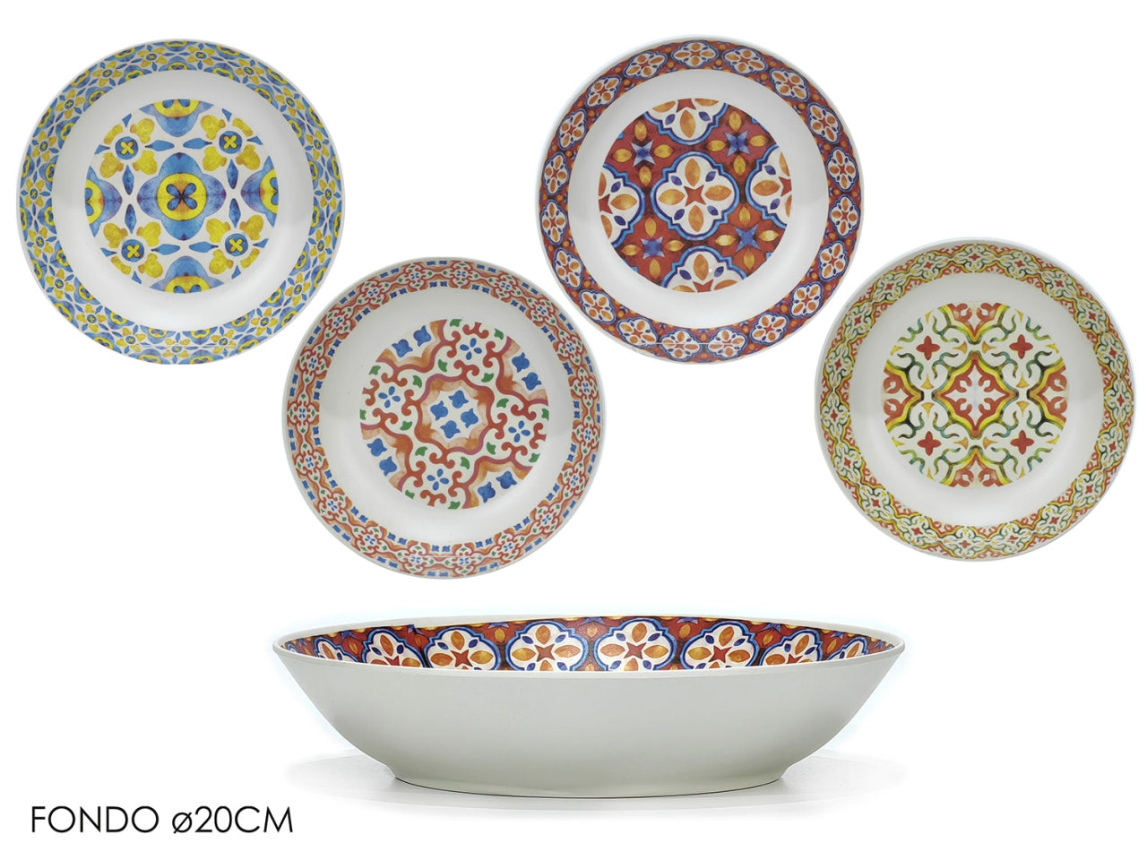 Piatto fondo stile mediterraneo in melamina multicolor 20 cm, Linea Zahira - Gusto casa