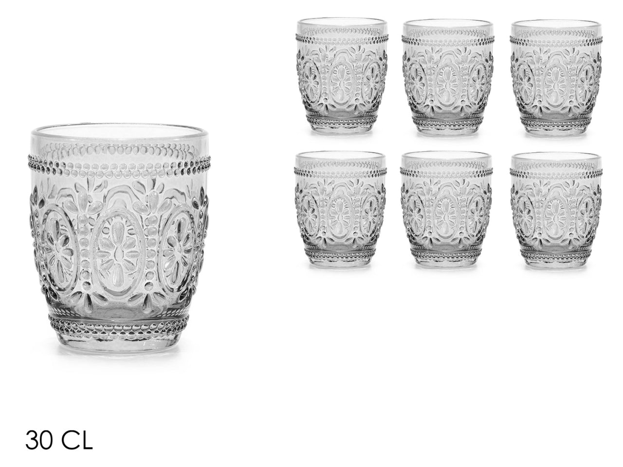 Set 6 bicchieri in vetro decorato 30cl trasparenti