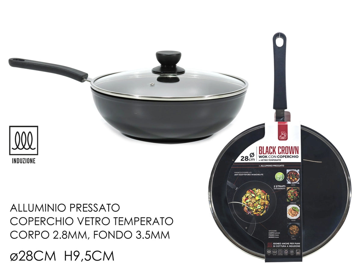 Wok antiaderente 28 cm in alluminio pressato con coperchio, manico in bachelite, compatibile con induzione - Gusto Casa