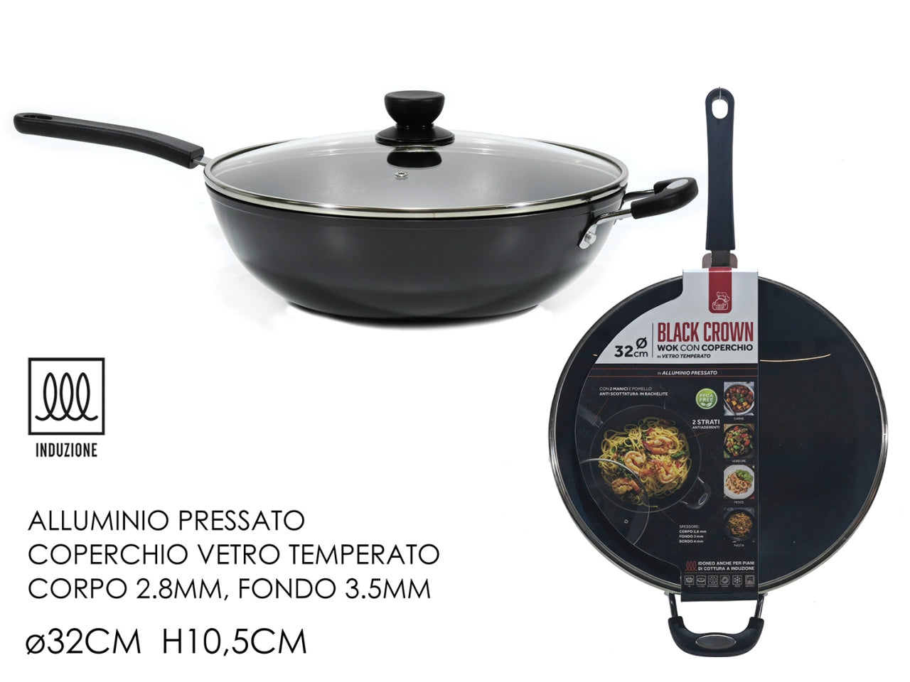 Wok antiaderente 32 cm in alluminio pressato con coperchio, 2 manici in bachelite, compatibile con induzione