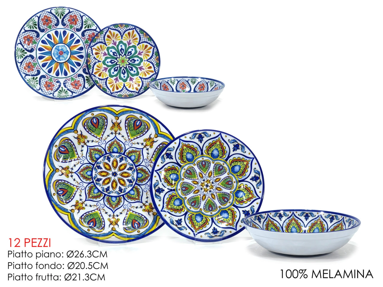 Set piatti per 4 persone in melamina multicolor stile mediterraneo - General Trade