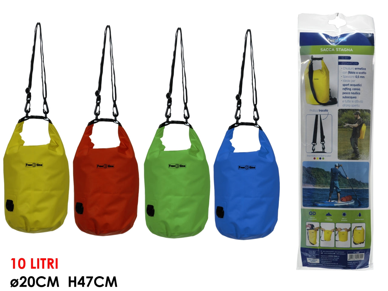 Sacca impermeabile stagna in pvc 4 colori assortiti, chiusura ermetica con fibbia a scatto e tracolla da 10 l, 20x47 cm - Free Time