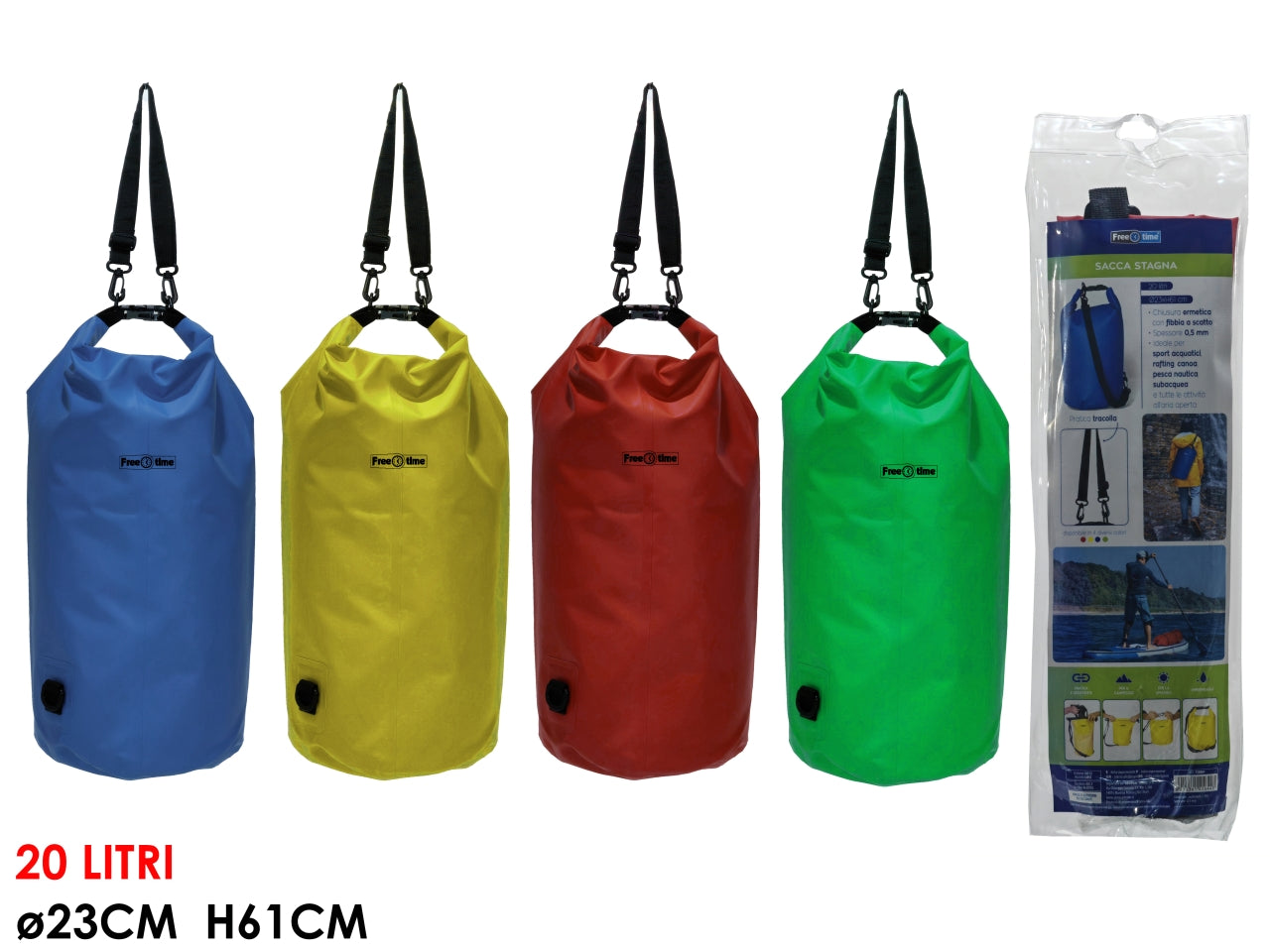 Sacca impermeabile stagna in pvc 4 colori assortiti, chiusura ermetica con fibbia a scatto e tracolla da 20 l, 23x61 cm - Free Time