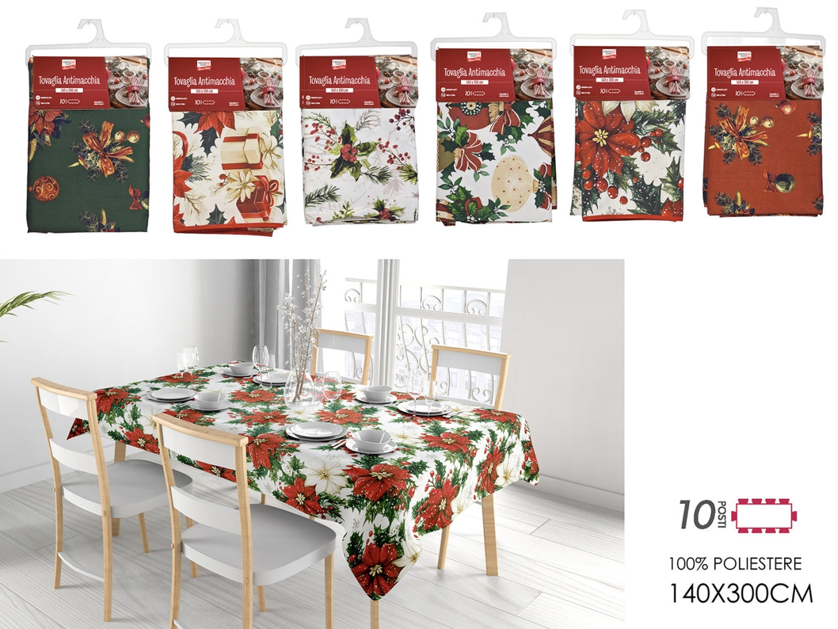 Tovaglia natalizia in tessuto poliestere antimacchia 140x300cm, 6 fantasie assortite