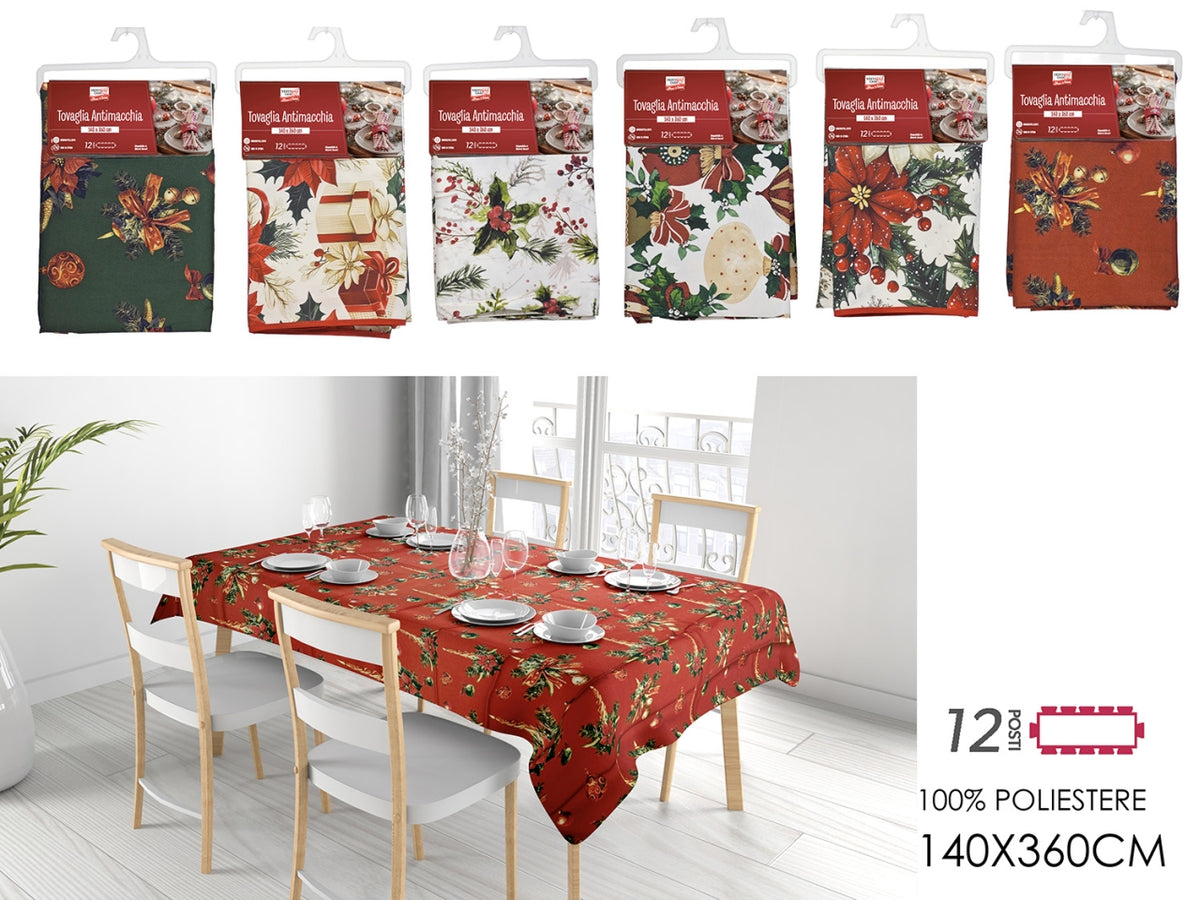 Tovaglia natalizia in tessuto poliestere antimacchia 140x360cm, 6 fantasie assortite
