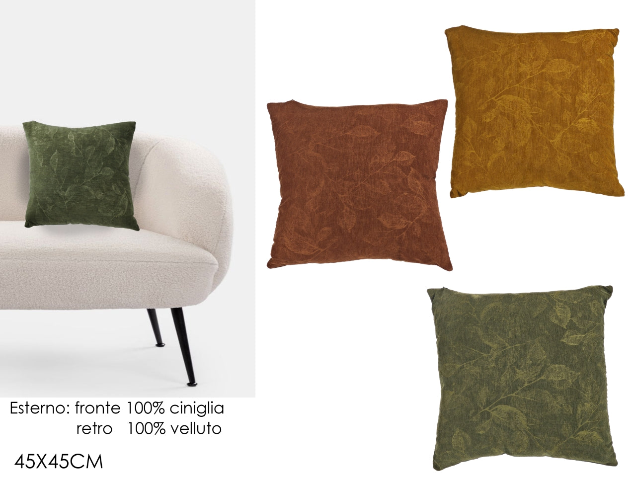 Cuscino quadrato 3 colori assortiti monocromatico floreale vintage in ciniglia e velluto 45x45 cm - Vestiamo casa