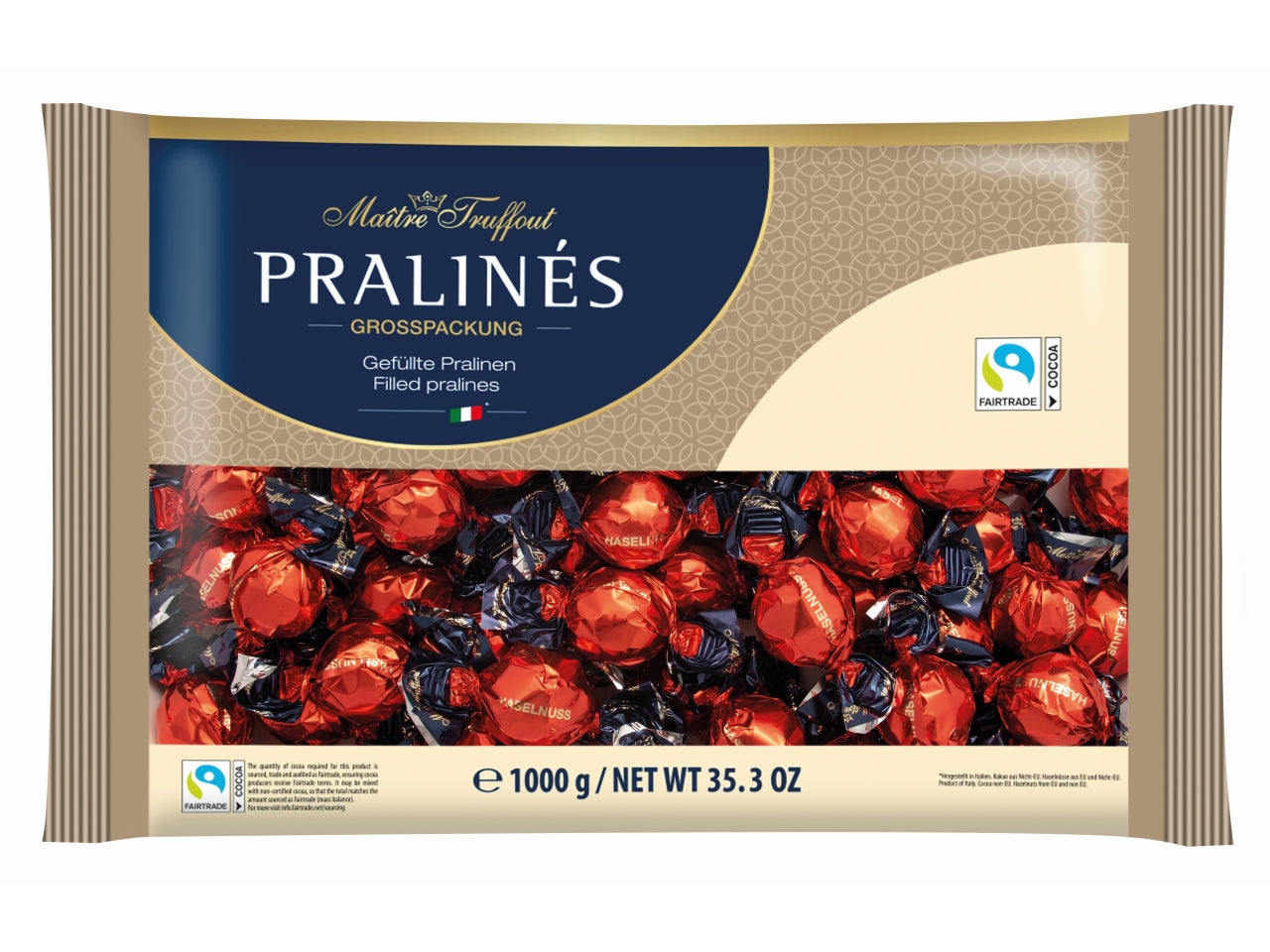 Praline di cioccolata al latte rosso/oro con ripieno di nocciola 1kg
