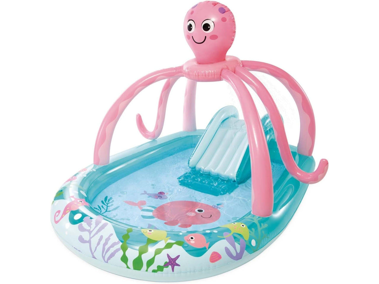 Piscina gonfiabile con polpo con gioco del lancio degli anelli e 2 anelli multicolor in vinile 234x183x150 cm - Intex