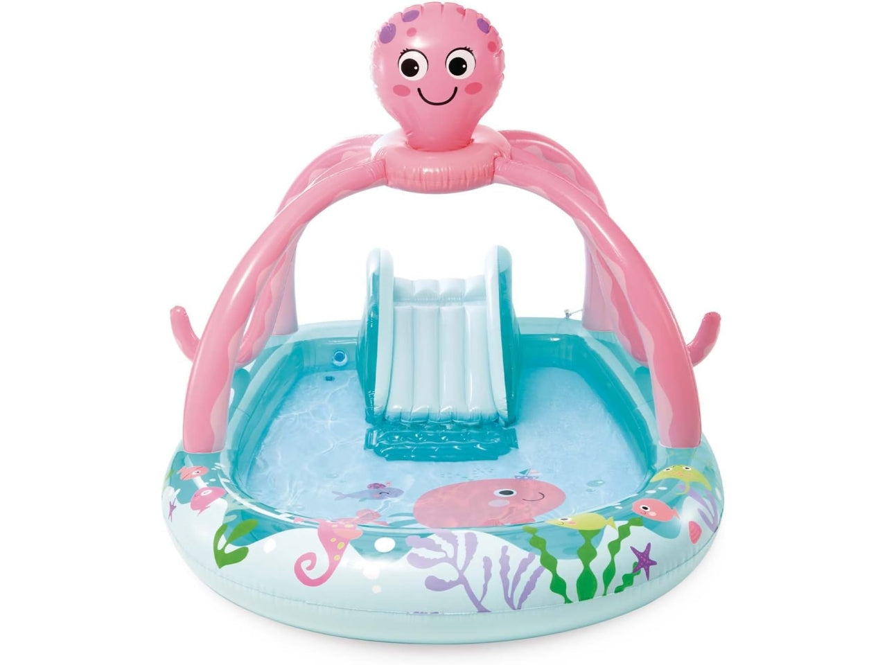 Piscina gonfiabile con polpo con gioco del lancio degli anelli e 2 anelli multicolor in vinile 234x183x150 cm - Intex