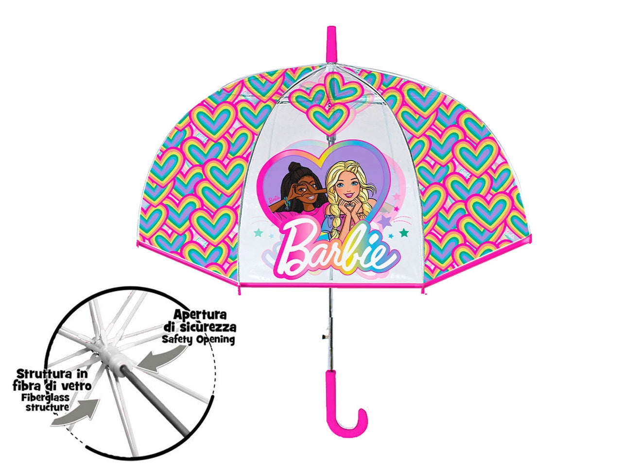 Ombrello trasparente Barbie per bambina in pvc e fibra di vetro fucsia e giallo 60 cm - Coriex