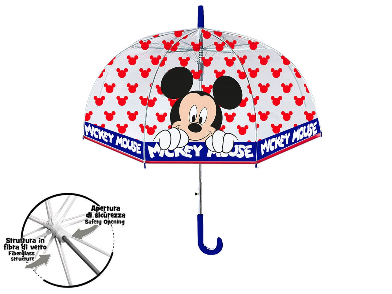 Ombrello trasparente Topolino per bambino in pvc e fibra di vetro rosso e blu 60 cm - Coriex