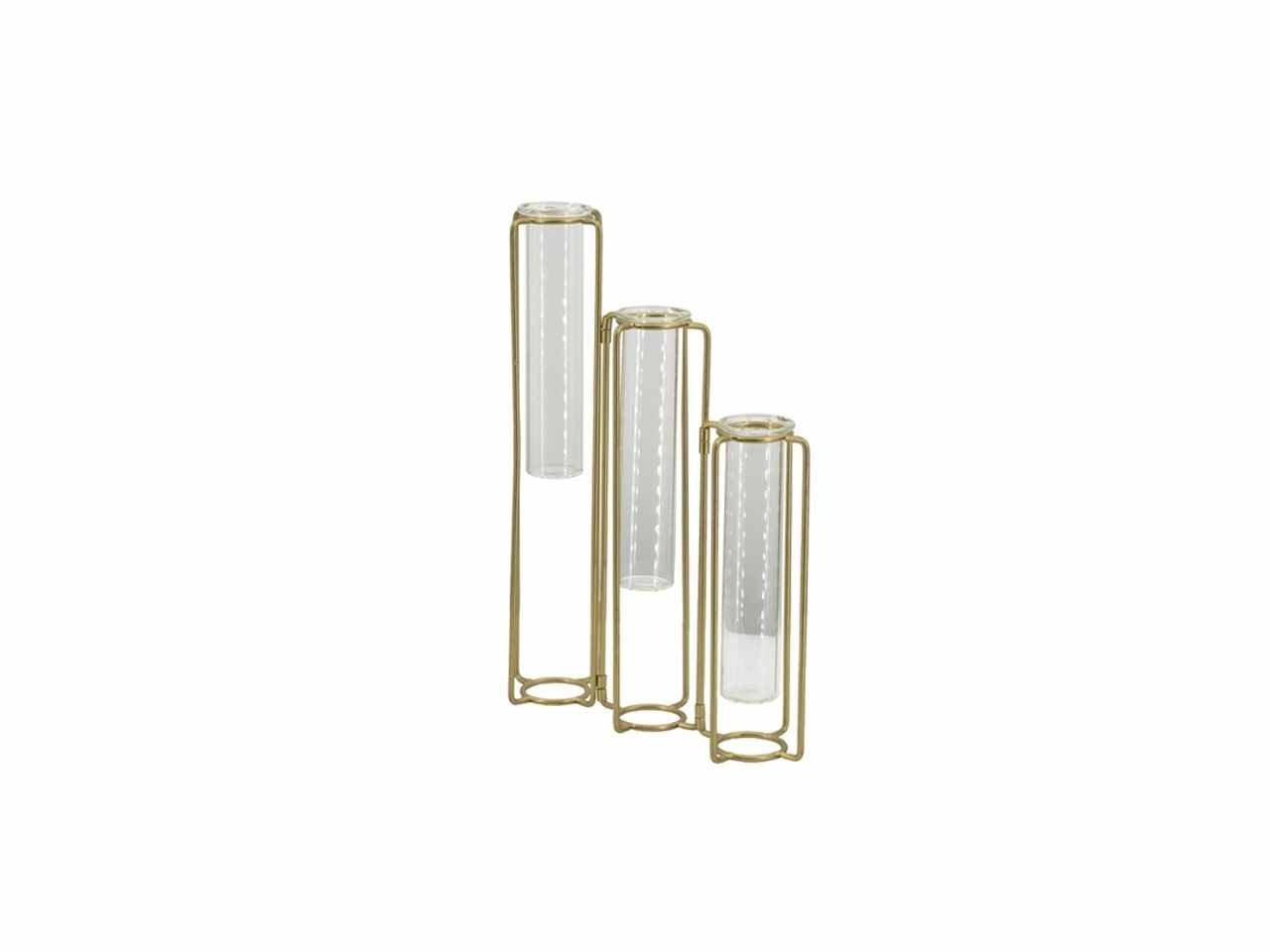 Portafiori 3 pezzi oro 21x7x38cm in metallo e vetro