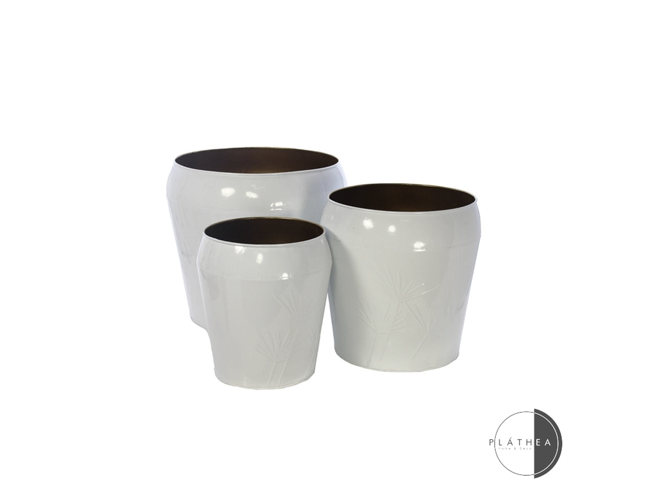 Cachepot vaso porta piante vintage, in metallo bianco, cilindrico, con fiori in rilievo e interno bronzo, set da 3- Plà thea