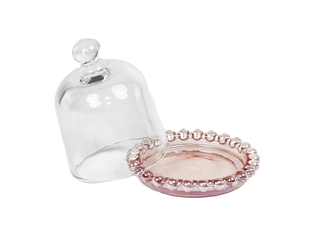 Vassoio tondo rosa con cupola in vetro, per bomboniera, moderno - 10x9 cm - Plà thea