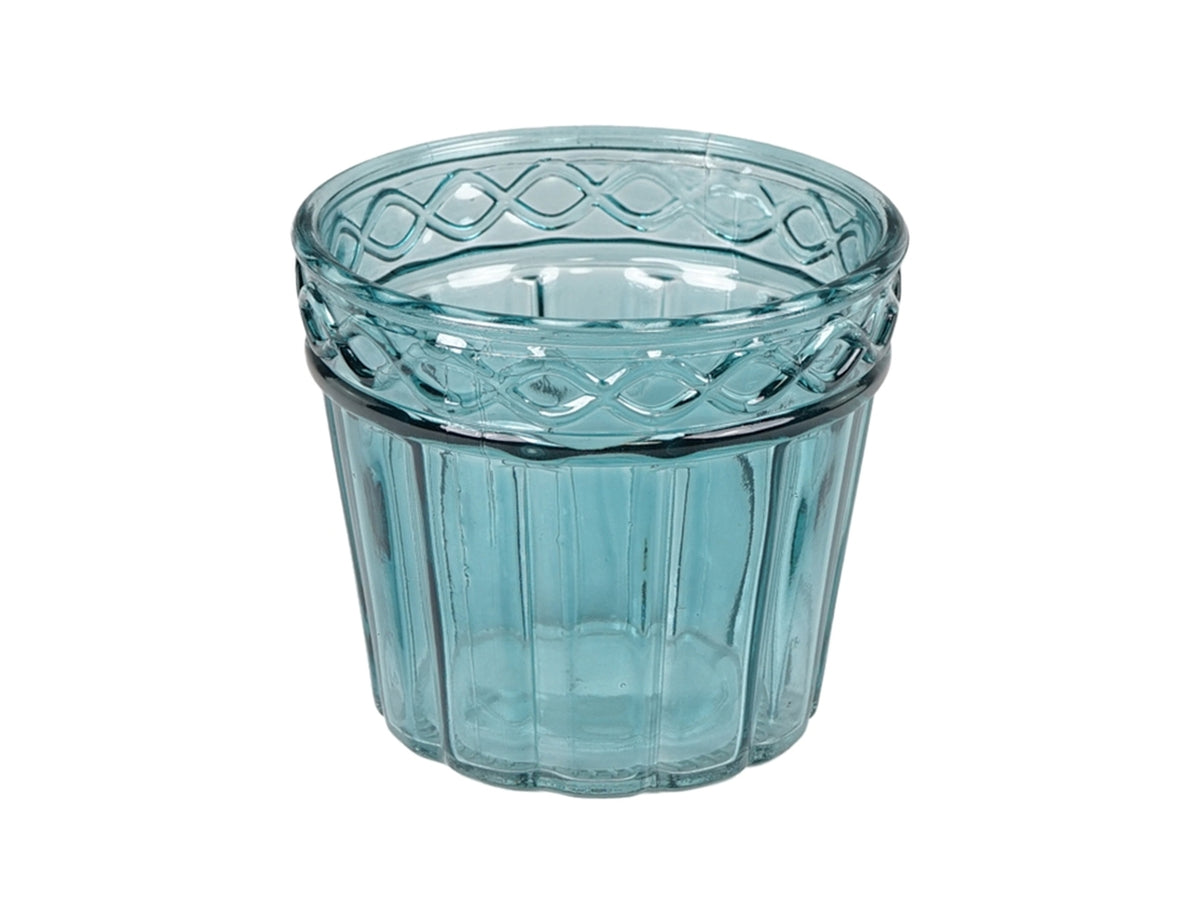 Vaso cachepot per piantine moderno in vetro blu traslucido a campana con decorazione a rilievo, uso interno - 11x10cm - Plà thea